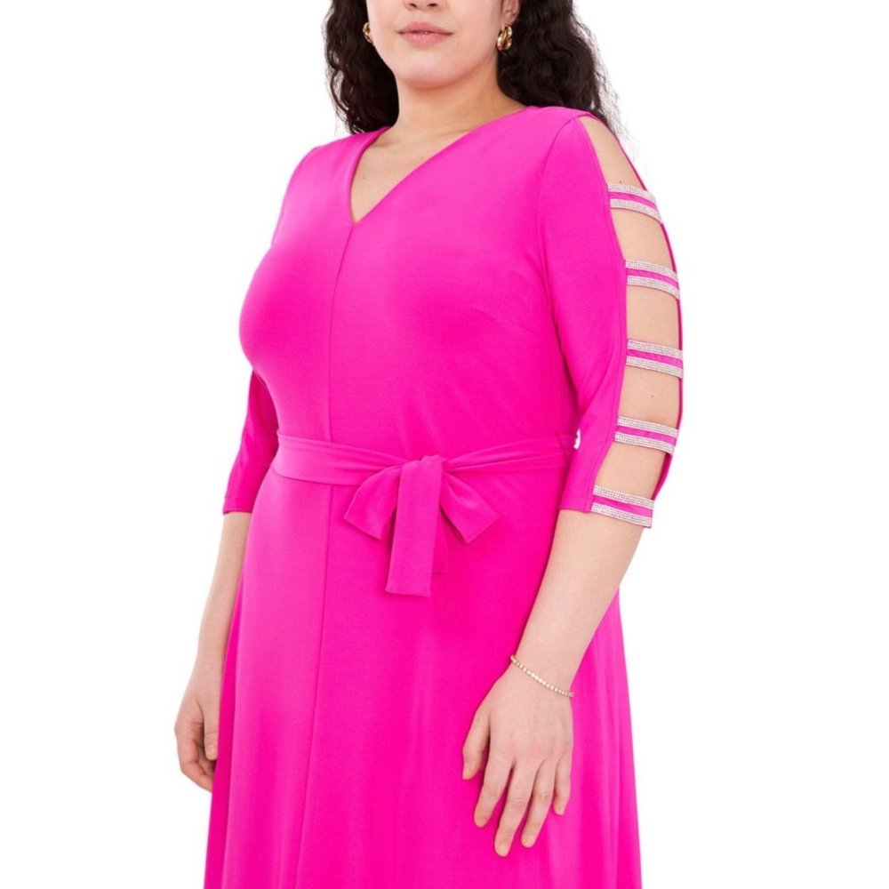 Msk Plus Size Ladder-Sleeve MIDI Fit & Flare Glitter Sleeves Dress Fuchsia 1X - Picture 3 of 3